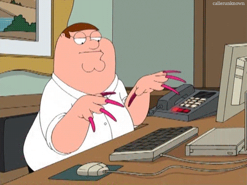 cartoon man wearing long pink acrylic nails typing on a computer