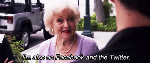 Elderly woman saying 'I'm also on Facebook and the Twitter'