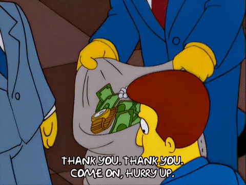 Simpson cartoon snippet of people filling a bag with money and jewellery