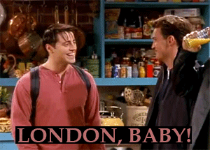 GIF of Joey from friends wearing a backpack and saying 'London baby'