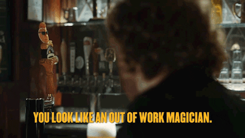 Man in pub talking to a beer tap (that has come to life and speaks in this situation). Beer tap says 'You look like an out of work magician' and man replies 'it's a hobby'
